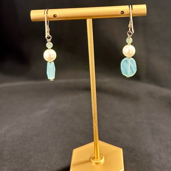 Freshwater Pearl & Aqua Glass Bead Drop Earrings Handmade Silver-Tone Dangle - Picture 7 of 8